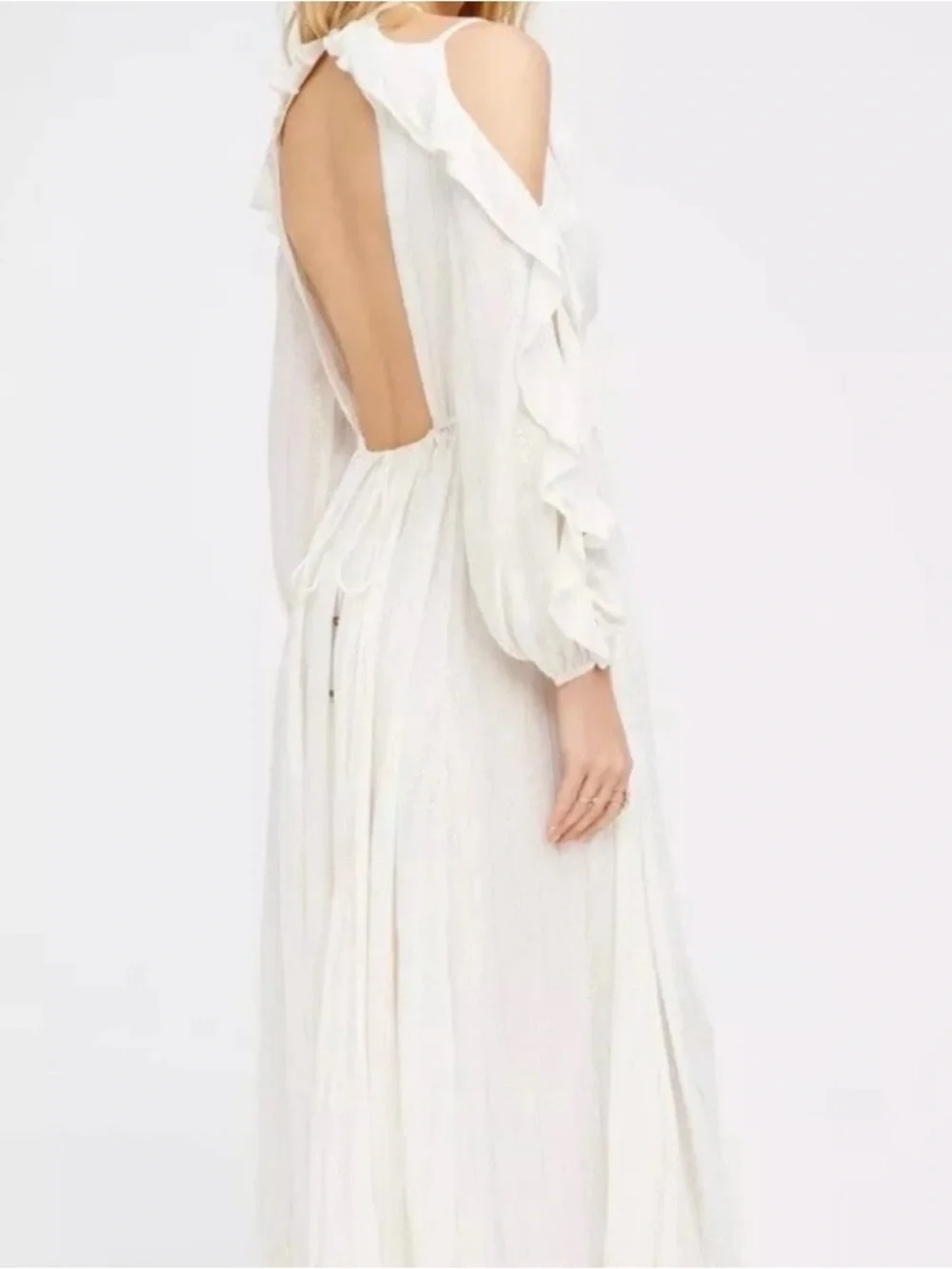 FREE PEOPLE Huxley Maxi Dress Ruffle Cutout Open Back Metallic Stripe Boho Sz M - Picture 3 of 15